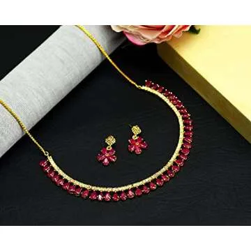 JewarHaat Indian Necklace Set AD CZ Elegant Gold Plated Multi Stones Sparkling Crystals Choker with Earrings Jewelry for Womens (Ruby Red)