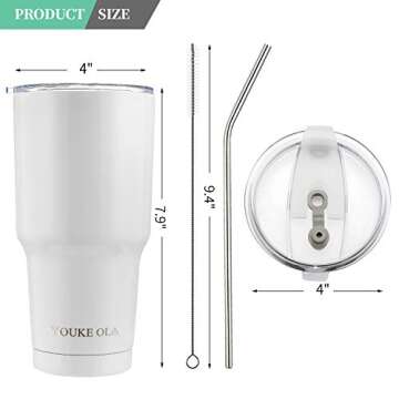 Stainless Steel Tumbler 30oz - Vacuum Insulated Tumbler Coffee Cup Double Wall Large Travel Mug with Lid, Straw, Brush (White, 30oz-1 Pack)
