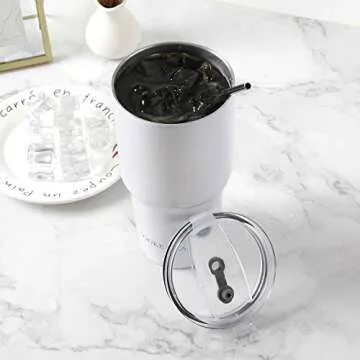 Stainless Steel Tumbler 30oz - Vacuum Insulated Tumbler Coffee Cup Double Wall Large Travel Mug with Lid, Straw, Brush (White, 30oz-1 Pack)