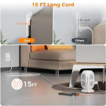 Tower Surge Protector Power Strip 15 ft, TESSAN Long Flat Extension Cord with Multiple Outlets, 8 AC...