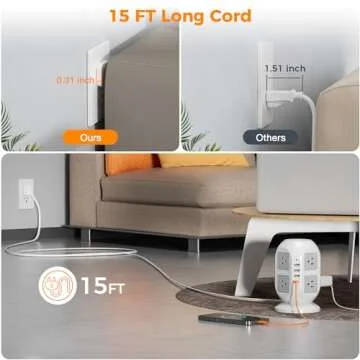 Tower Surge Protector Power Strip 15 ft, TESSAN Long Flat Extension Cord with Multiple Outlets, 8 AC...
