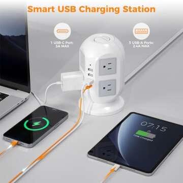 Tower Surge Protector Power Strip 15 ft, TESSAN Long Flat Extension Cord with Multiple Outlets, 8 AC Outlets with 4 USB Ports (1 USB C), Charging Station with Surge Protection, for Home Office Dorm