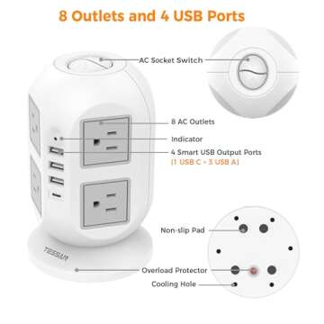 Tower Surge Protector Power Strip 15 ft, TESSAN Long Flat Extension Cord with Multiple Outlets, 8 AC Outlets with 4 USB Ports (1 USB C), Charging Station with Surge Protection, for Home Office Dorm
