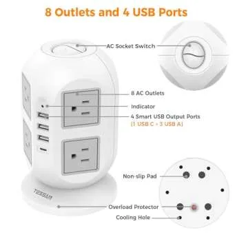 Tower Surge Protector Power Strip 15 ft, TESSAN Long Flat Extension Cord with Multiple Outlets, 8 AC Outlets with 4 USB Ports (1 USB C), Charging Station with Surge Protection, for Home Office Dorm