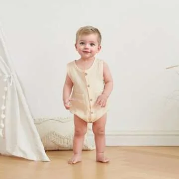 FOCUSNORM Newborn Baby Boy Girl Clothes Solid Color Tank Romper Cute Sleeveless Button Down Jumpsuit Infant Summer Outfit (Solid Beige, 0-3 Months)