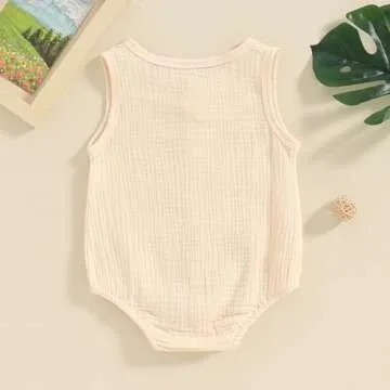 FOCUSNORM Newborn Baby Boy Girl Clothes Solid Color Tank Romper Cute Sleeveless Button Down Jumpsuit Infant Summer Outfit (Solid Beige, 0-3 Months)