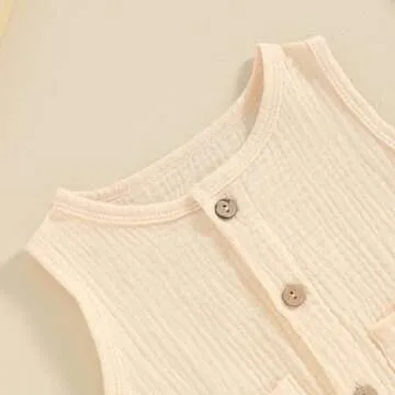 FOCUSNORM Newborn Baby Boy Girl Clothes Solid Color Tank Romper Cute Sleeveless Button Down Jumpsuit Infant Summer Outfit (Solid Beige, 0-3 Months)