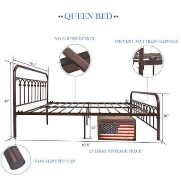 YALAXON Vintage Sturdy Queen Size Metal Bed Frame with Headboard and Footboard Basic Bed Frame No Bo...