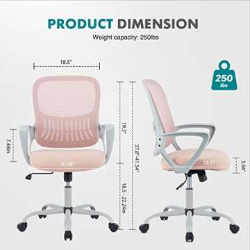 SMUG Office Chair Mid Back Desk Chair1 Ergonomic Mesh Computer Gaming with Larger Seat, Executive Height Adjustable Swivel Task with Lumbar Support Armrest for Women Adults, Pink