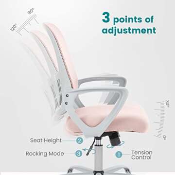 SMUG Office Chair Mid Back Desk Chair1 Ergonomic Mesh Computer Gaming with Larger Seat, Executive Height Adjustable Swivel Task with Lumbar Support Armrest for Women Adults, Pink