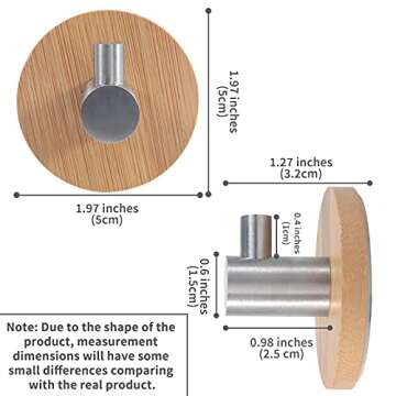 Newness Towel Hooks - Strong Stainless Steel & Bamboo Adhesive Hooks - 4-Pack for Home, Kitchen, Bat...