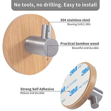 Newness Towel Hooks: Strong Modern 304 Stainless Steel & Bamboo