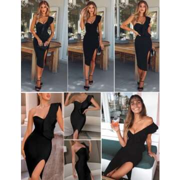 One Shoulder Ruffle Dress Side Split Bodycon Bandage Dress Wedding Guest Dress(Black,S)