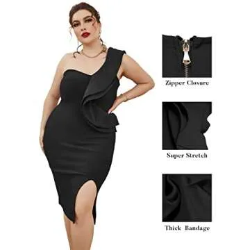 One Shoulder Ruffle Dress Side Split Bodycon Bandage Dress Wedding Guest Dress(Black,S)