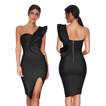 One Shoulder Ruffle Dress Side Split Bodycon Bandage Dress Wedding Guest Dress(Black,S)