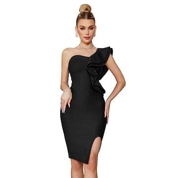 One Shoulder Ruffle Dress Side Split Bodycon Bandage Dress Wedding Guest Dress(Black,S)