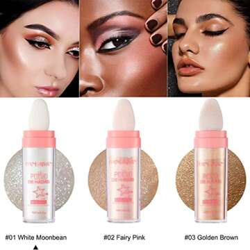 YU KUI LX 3 Color Polvo De Hadas Highlighter Makeup, Trio Shimmer Glitter Patting Highlight Puff, Glow Luminizer Sparkle Fairy Highlighters For Brighten Face and Body Makeup Kit