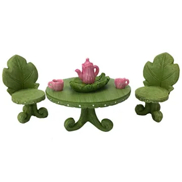 GlitZGlam Miniature Fairy Garden Furniture Set: Leaf Bistro Set with Tea Set for Fairies and Garden ...