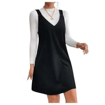 COZYEASE Women's Pinafore Corduroy Overall V Neck Sleeveless Mini Dress Without Top Black S