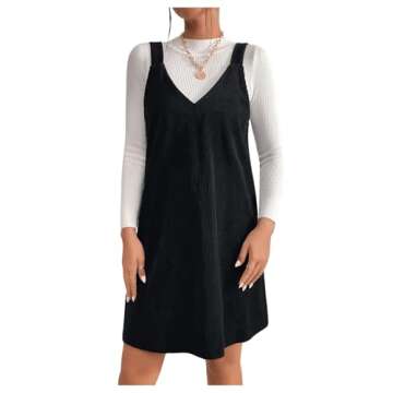 COZYEASE Women's Pinafore Corduroy Overall V Neck Sleeveless Mini Dress Without Top Black S