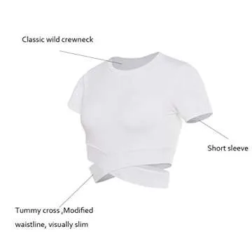 DREAM SLIM Short Sleeve Crop Tops for Women Tummy Cross Fitted Yoga Gym Tops Lightweight Workout Cropped Tank Top (White, M)