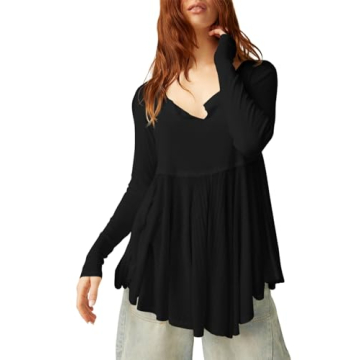 Tankaneo Womens Babydoll Tops V Neck Long Sleeve Shirts Peplum Tunic Top Flowy Work Casual Blouses Loose Fit 2024 Black
