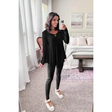 Tankaneo Womens Babydoll Tops V Neck Long Sleeve Shirts Peplum Tunic Top Flowy Work Casual Blouses Loose Fit 2024 Black