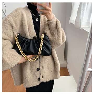 JOLLQUE Shoulder Bag for Women,Small Leather Dumpling Bags Handbag Purse,Gold Chain Evening Clutch Purses with Heavy Aluminum Metal Chain(Black)