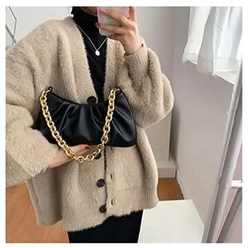 JOLLQUE Shoulder Bag for Women,Small Leather Dumpling Bags Handbag Purse,Gold Chain Evening Clutch Purses with Heavy Aluminum Metal Chain(Black)