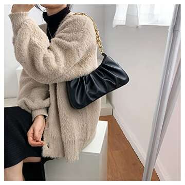 JOLLQUE Shoulder Bag for Women,Small Leather Dumpling Bags Handbag Purse,Gold Chain Evening Clutch Purses with Heavy Aluminum Metal Chain(Black)