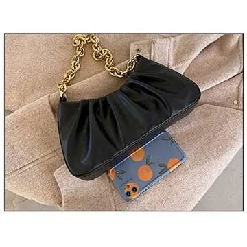 JOLLQUE Shoulder Bag for Women,Small Leather Dumpling Bags Handbag Purse,Gold Chain Evening Clutch Purses with Heavy Aluminum Metal Chain(Black)