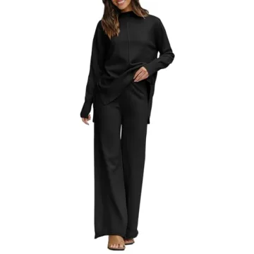 Fazortev Women's 2 Piece Outfits Long Sleeve Tops and Wide Leg Pants Knit Sweater Lounge Set