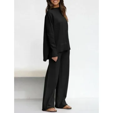 Fazortev Women's 2 Piece Outfits Long Sleeve Tops and Wide Leg Pants Knit Sweater Lounge Set