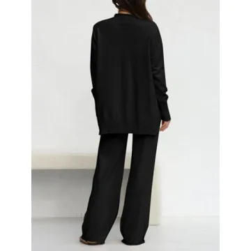 Fazortev Women's 2 Piece Outfits Long Sleeve Tops and Wide Leg Pants Knit Sweater Lounge Set