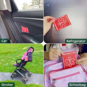HoHpHq Emergency Contact Card 12 Pack with 10 Card Sleeves - Child ID Card for Car Seat Safety Stick...