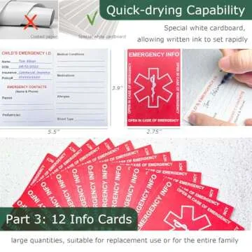 HoHpHq Emergency Contact Card 12 Pack with 10 Card Sleeves - Child ID Card for Car Seat Safety Stickers and Backpack Tags for Kids - Life Alert for Travel,Camping,Medical Fokder,Daycare Essential