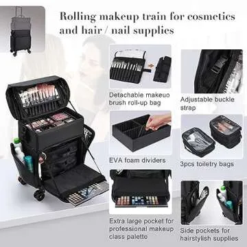 Stagiant Professional Rolling Makeup Case, Soft Sided Make up Train Case, Travel Organizer Portable with Wheel for Makeup Artist Cosmetology Nail Technician Hair Stylist Supplies, 2 In 1 Nylon Black