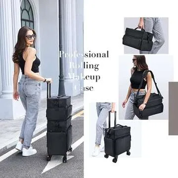 Stagiant Professional Rolling Makeup Case, Soft Sided Make up Train Case, Travel Organizer Portable with Wheel for Makeup Artist Cosmetology Nail Technician Hair Stylist Supplies, 2 In 1 Nylon Black