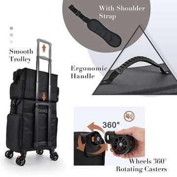 Stagiant Professional Rolling Makeup Case, Soft Sided Make up Train Case, Travel Organizer Portable with Wheel for Makeup Artist Cosmetology Nail Technician Hair Stylist Supplies, 2 In 1 Nylon Black