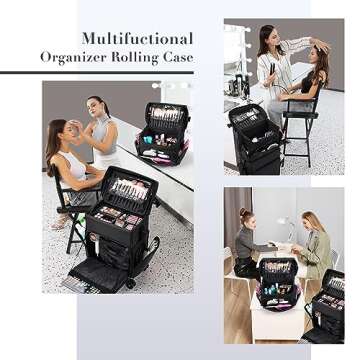 Stagiant Professional Rolling Makeup Case, Soft Sided Make up Train Case, Travel Organizer Portable with Wheel for Makeup Artist Cosmetology Nail Technician Hair Stylist Supplies, 2 In 1 Nylon Black