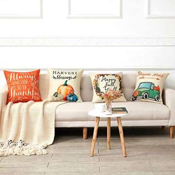 Anickal Thanksgiving Fall Pillow Covers 18x18 Inch Set of 4 for Fall Decor Harvest Blessings Pumpkin Patch Fall Autumn Farmhouse Decorative Throw Pillow Covers for Sofa Couch Home Decoration