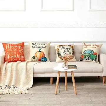 Anickal Thanksgiving Fall Pillow Covers 18x18 Inch Set of 4 for Fall Decor Harvest Blessings Pumpkin Patch Fall Autumn Farmhouse Decorative Throw Pillow Covers for Sofa Couch Home Decoration