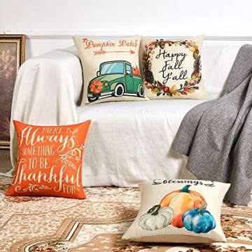 Anickal Thanksgiving Fall Pillow Covers 18x18 Inch Set of 4 for Fall Decor Harvest Blessings Pumpkin Patch Fall Autumn Farmhouse Decorative Throw Pillow Covers for Sofa Couch Home Decoration