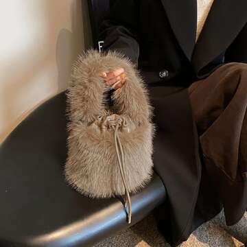ZLM BAG US Plush Drawstring Bucket Bag Faux Fur Crossbody Shoulder Bag Mini Size Cute Hobo Handbag P...