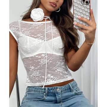Women Short Sleeve Crop Top Y2k Floral Lace Backless Top Sheer Mesh See Through Top Going Out Street...
