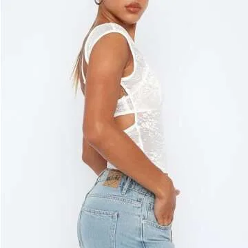 Women Short Sleeve Crop Top Y2k Floral Lace Backless Top Sheer Mesh See Through Top Going Out Streetwear(A-White,s)