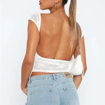 Women Short Sleeve Crop Top Y2k Floral Lace Backless Top Sheer Mesh See Through Top Going Out Streetwear(A-White,s)