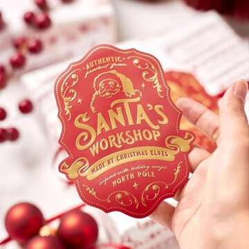 Santa Gift Tag Stickers Christmas Gift for Kids & Children's Authentic Present from Santa Claus, Set of 8 Premium Gold Sticker Tags for Holiday Wrapping, Vintage Classic Elves' Workshops in North Pole, by ElfsNook