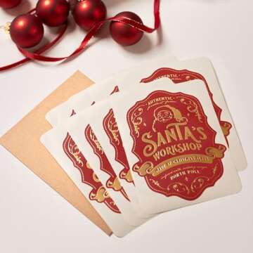 Santa Gift Tag Stickers Christmas Gift for Kids & Children's Authentic Present from Santa Claus, Set of 8 Premium Gold Sticker Tags for Holiday Wrapping, Vintage Classic Elves' Workshops in North Pole, by ElfsNook