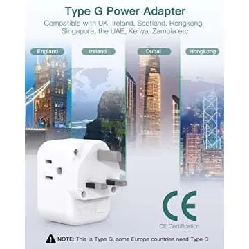 US to UK Ireland Plug Adapter, Addtam Type G Power Adapter with 3 AC Outlets and 3 USB(1 USB C), Travel Essentials for USA to Dubai Scotland British London England Hong Kong Irish